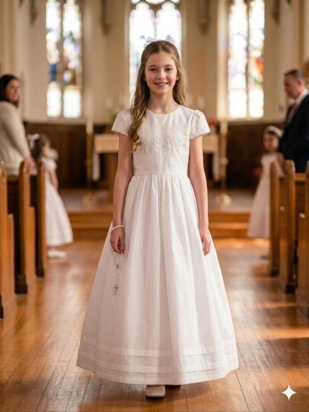 White Girls' Embroidered Holy Communion Dress. Shantung First Communion Dress.
